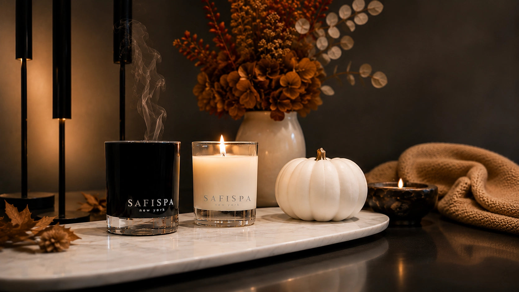 SaFiSpa luxury scented candles with warm fall home fragrance décor