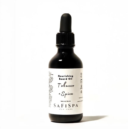 SaFiSpa Tobacco + Spice Beard Oil 2 oz on glossy white—lightweight, non-greasy beard conditioner