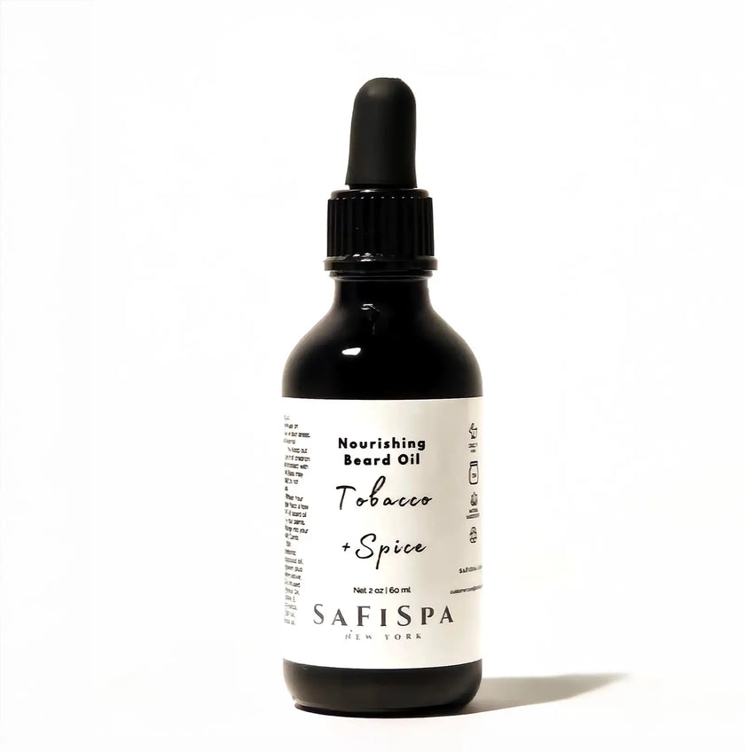 SaFiSpa Tobacco + Spice Beard Oil 2 oz on glossy white—lightweight, non-greasy beard conditioner