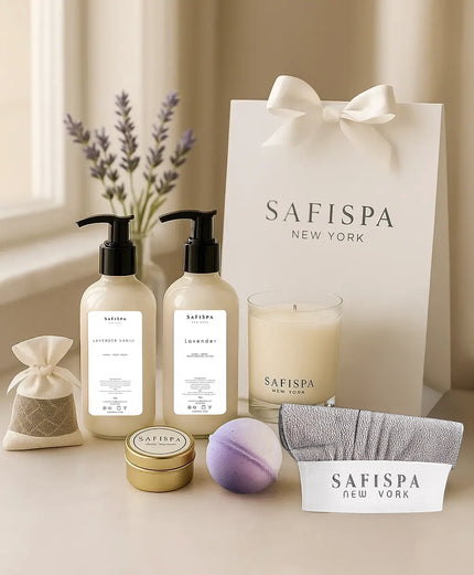 Bath & Body Gifty Set. Indulge in serenity with the SafiSpa Tranquil Luxe Lavender Vanilla Spa Set. Includes relaxing candle, nourishing lotion, invigorating body wash, and more. Perfect for a spa-like experience at home.