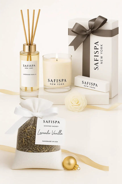 serenity gift set shop trio gift set with candle, diffuser, and gift box with decorative elements on a warm background.