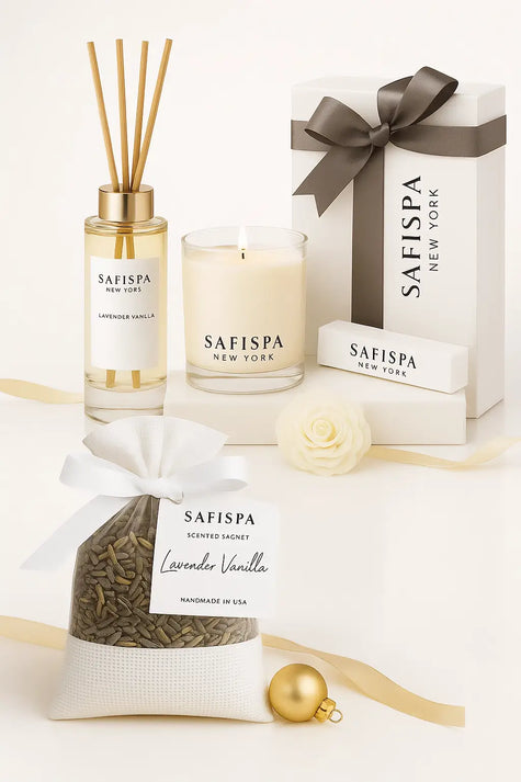 serenity gift set shop trio gift set with candle, diffuser, and gift box with decorative elements on a warm background.