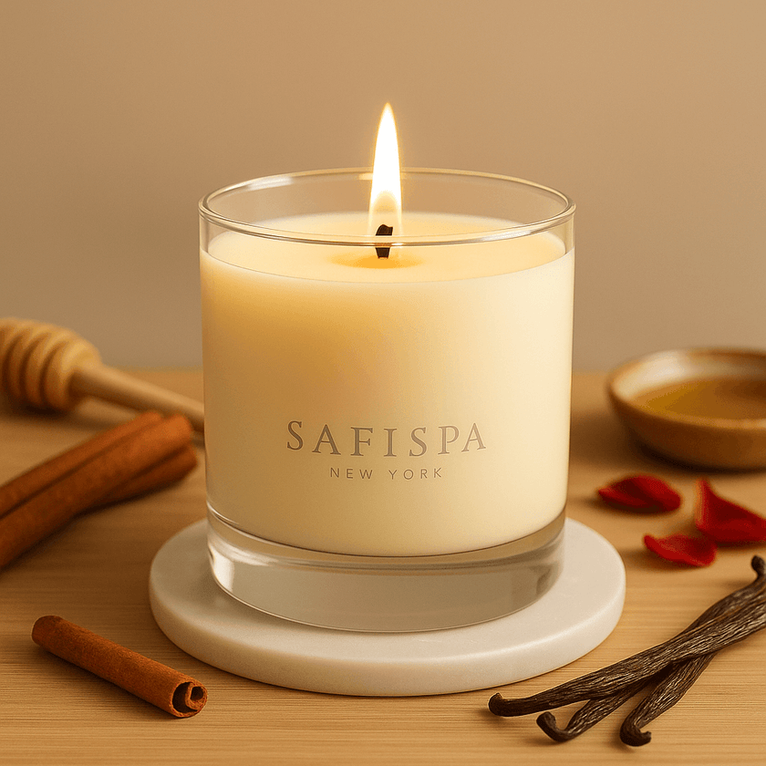 Vanilla Essence scented candle with a rich, creamy, and authentic aroma, made with premium soy wax in an elegant glass jar
