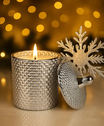 Shop Amber Spice Candle in a luxury silver jar with lid — handcrafted soy wax holiday candle, perfect Christmas or holiday gift.