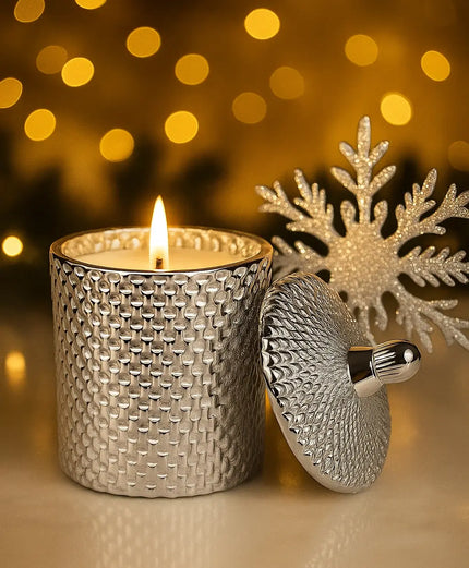 Shop Amber Spice Candle in a luxury silver jar with lid — handcrafted soy wax holiday candle, perfect Christmas or holiday gift.