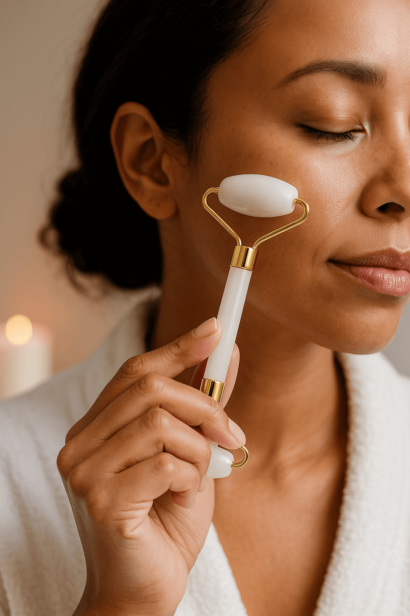 Close-up of a woman using SaFiSpa anti-aging facial roller and gua sha tool for natural skincare and improved circulation