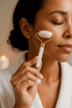 Close-up of a woman using SaFiSpa anti-aging facial roller and gua sha tool for natural skincare and improved circulation