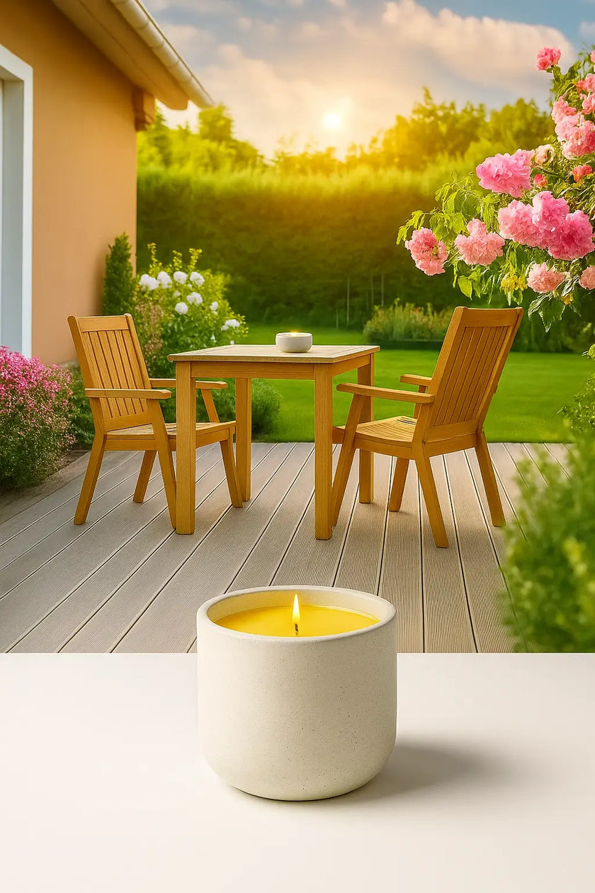 Candle in a white holder on a white background with a garden scene featuring a wooden table and chairs in the background.