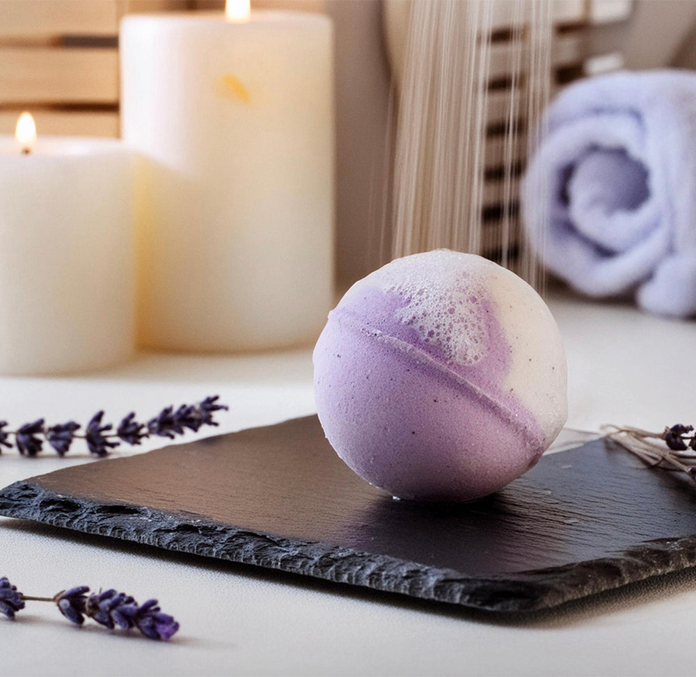 Lavender vanilla bath bomb fizzing in bathtub - Relaxing aromatherapy for a spa-like experience