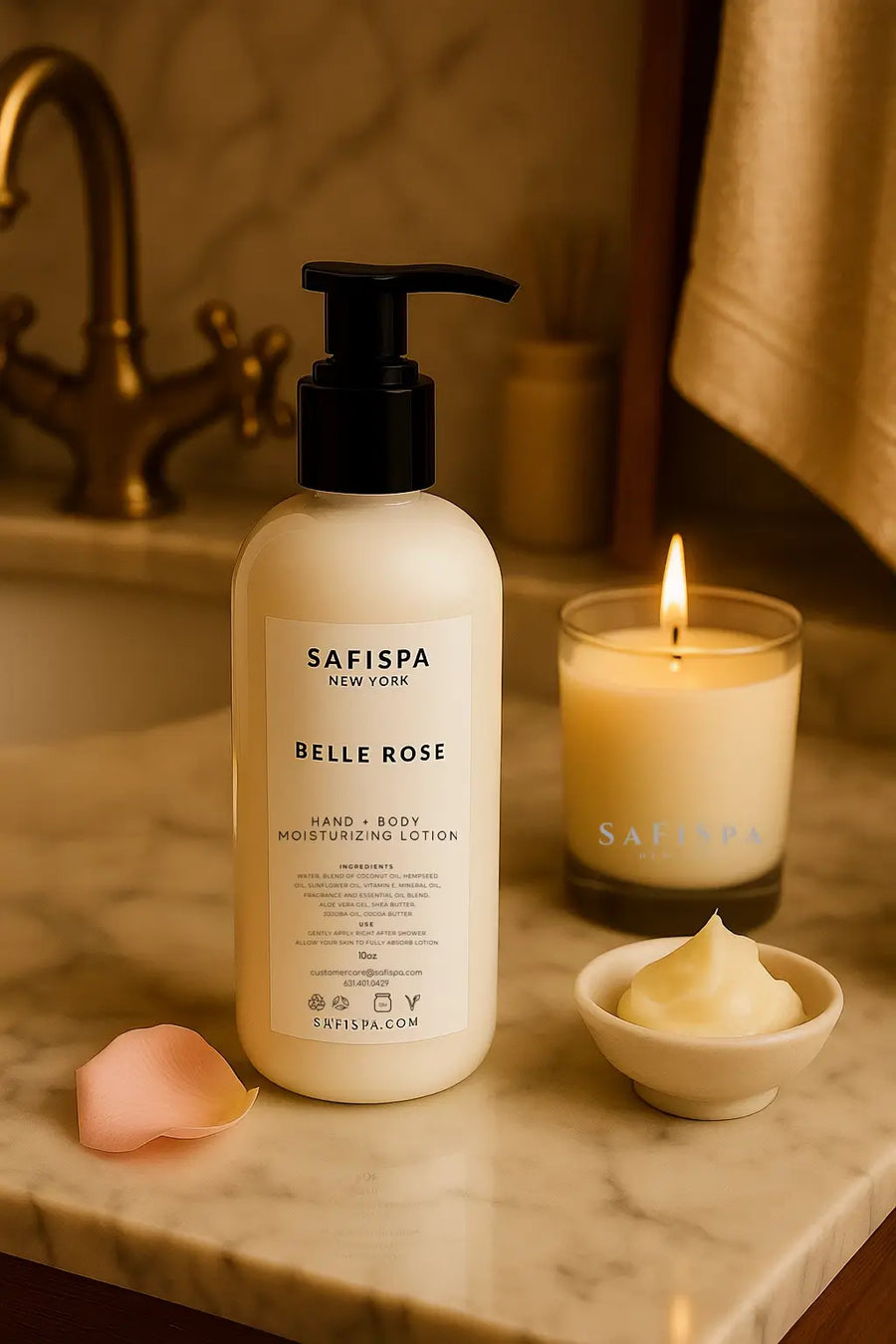 SaFiSpa Belle Rose hand and body moisturizing lotion with shea butter on marble bathroom counter next to lit candle and plush towels