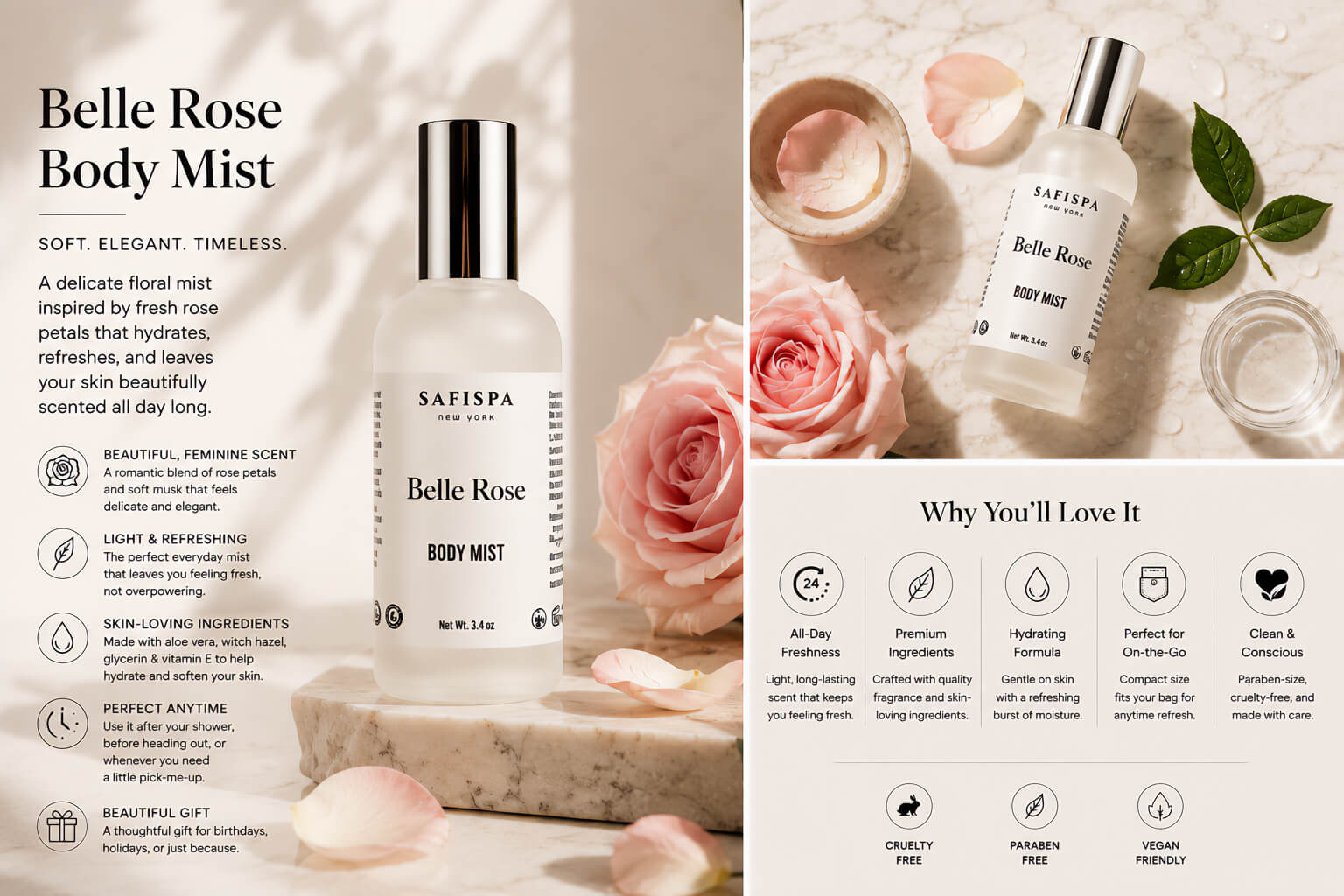 SaFiSpa Belle Rose Body Mist displayed in a luxury beauty editorial layout featuring key product benefits, soft rose petals, premium marble styling, and a lightweight floral body mist designed for everyday self-care and long-lasting freshness.