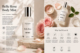 SaFiSpa Belle Rose Body Mist displayed in a luxury beauty editorial layout featuring key product benefits, soft rose petals, premium marble styling, and a lightweight floral body mist designed for everyday self-care and long-lasting freshness.