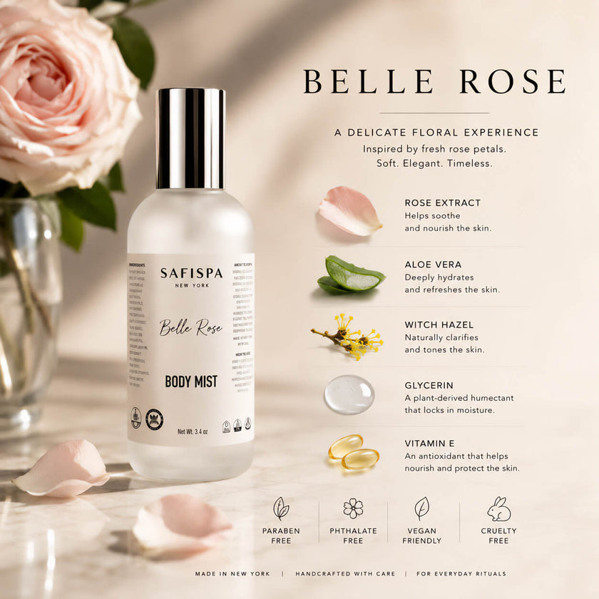 SaFiSpa Belle Rose Body Mist displayed on a marble vanity with fresh rose petals and botanical ingredients including aloe vera, witch hazel, glycerin, and vitamin E, highlighting the floral fragrance and skin-conditioning formula in a luxury beauty editorial setting.