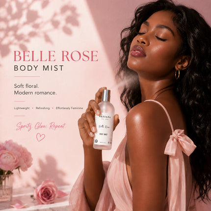 Woman applying SaFiSpa Belle Rose Body Mist, a lightweight floral rose fragrance body spray.