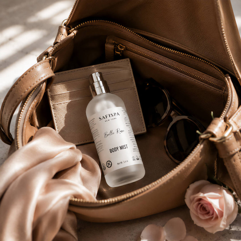 SaFiSpa Belle Rose Body Mist inside a premium leather handbag with elegant sunglasses, silk scarf, and card holder, showcasing a luxury travel-friendly rose body spray for everyday fragrance and self-care.