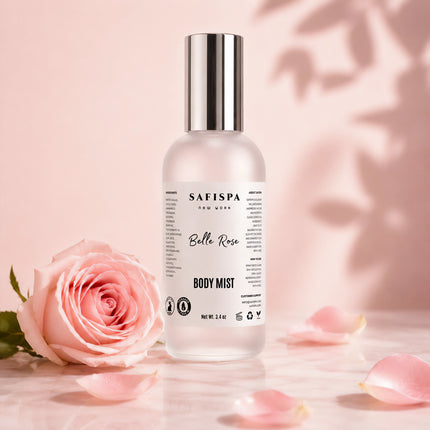 SaFiSpa Belle Rose Body Mist with pink rose petals, a soft floral rose fragrance body spray.