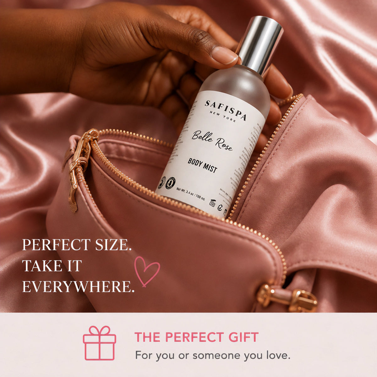 SaFiSpa Belle Rose Body Mist in a pink handbag, a portable floral body spray and fragrance gift.