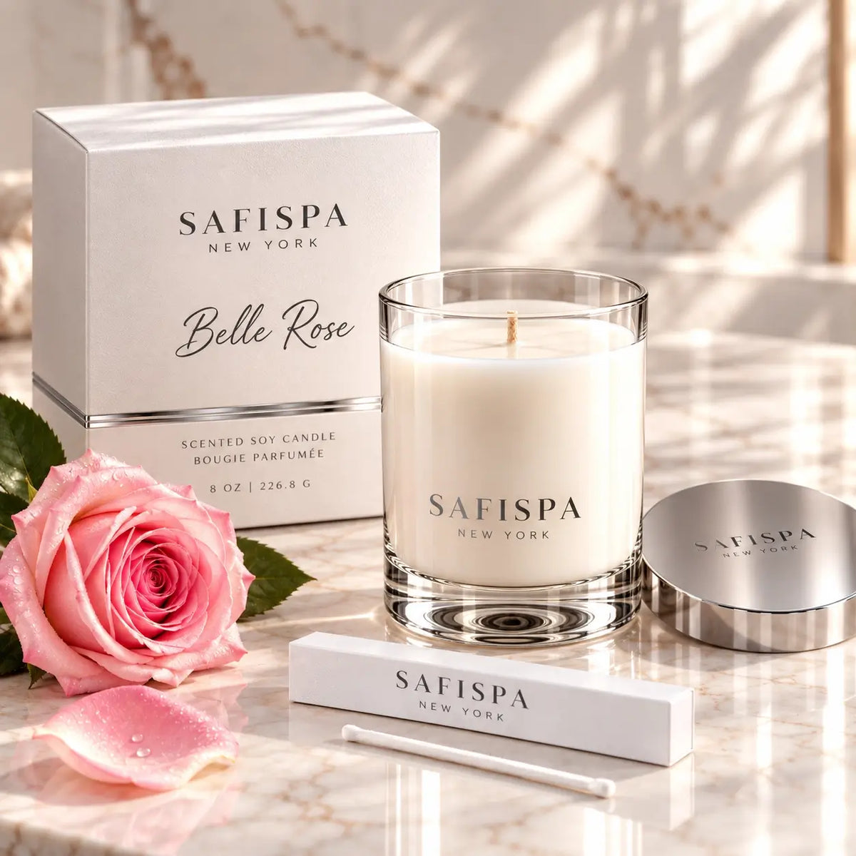 SaFiSpa Belle Rose scented candle with white fragrance box, silver lid and pink rose in an elegant luxury setting