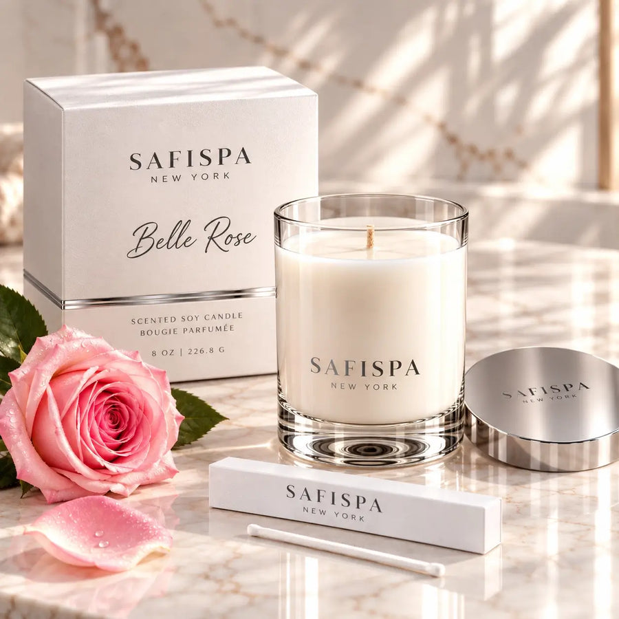 SaFiSpa Belle Rose scented candle with white fragrance box, silver lid and pink rose in an elegant luxury setting