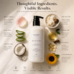 SaFiSpa Belle Rose Hand & Body Moisturizing Lotion surrounded by naturally inspired skincare ingredients including rose, shea butter, aloe vera, jojoba oil, coconut oil, sunflower oil and vitamin E. A handcrafted New York luxury body lotion formulated to deeply hydrate, soften and nourish skin with clean, plant-based ingredients.