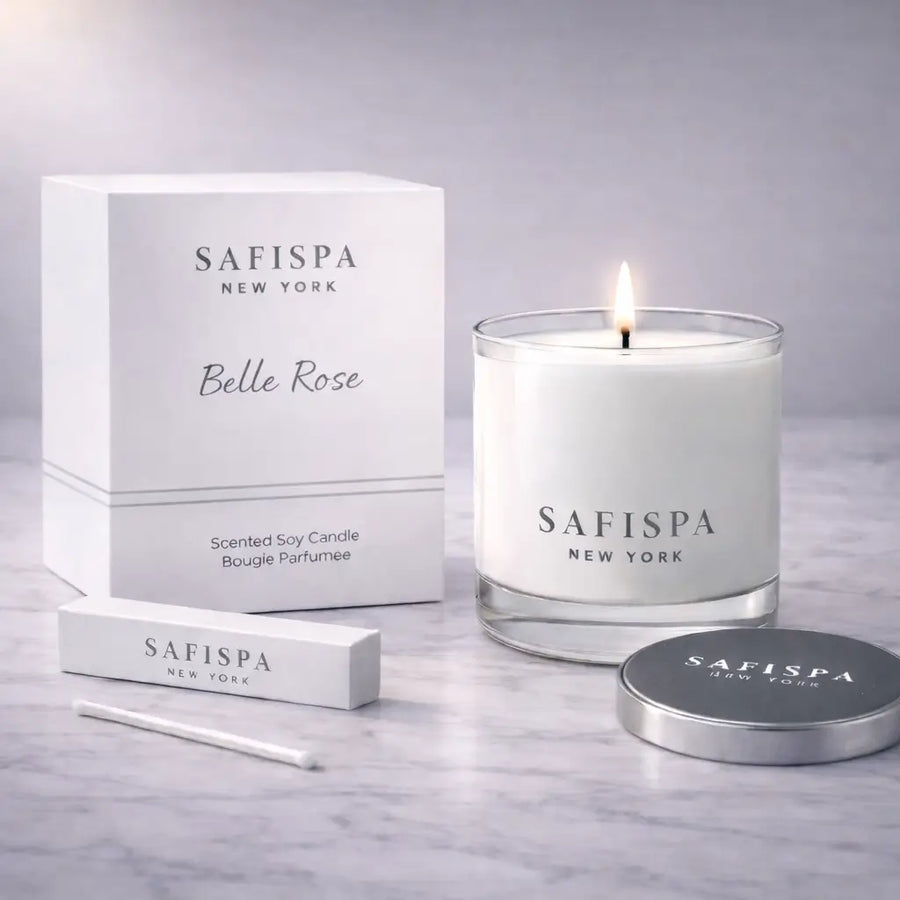 Safispa New York candle and packaging on a gray surface