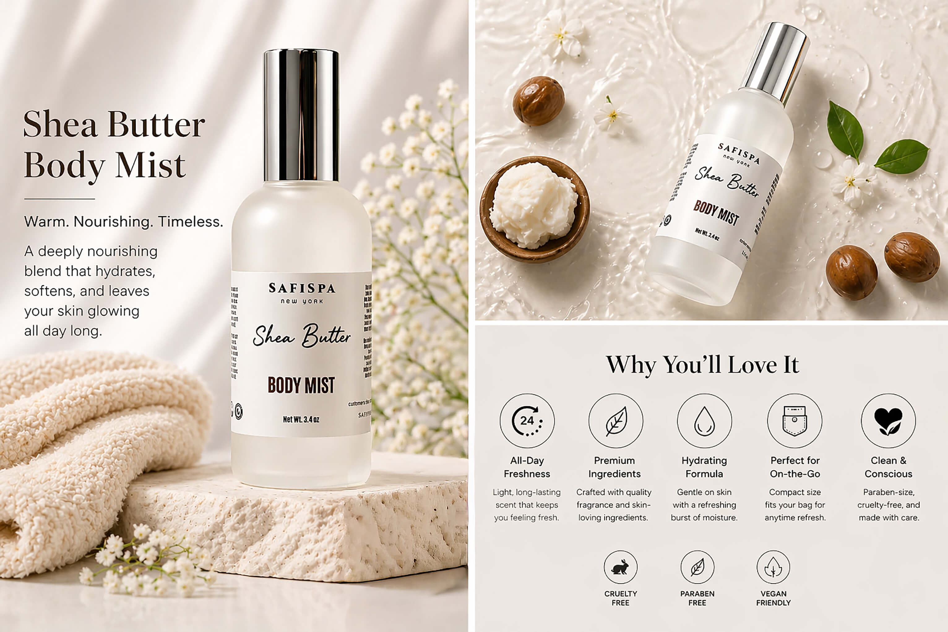 Shea Butter Body Mist bottle with packaging details and benefits on a light background
