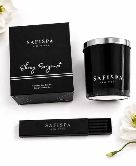SaFiSpa Ebony Bergamot luxury scented soy candle with silver lid, gift box and black matches