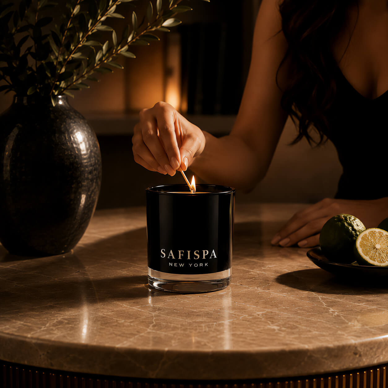 Woman lighting a SaFiSpa Ebony Bergamot candle in black glass with fresh bergamot