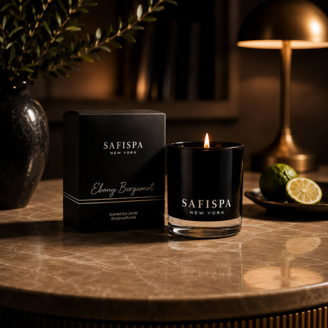SaFiSpa Ebony Bergamot scented candle in black glass with gift box and fresh bergamot