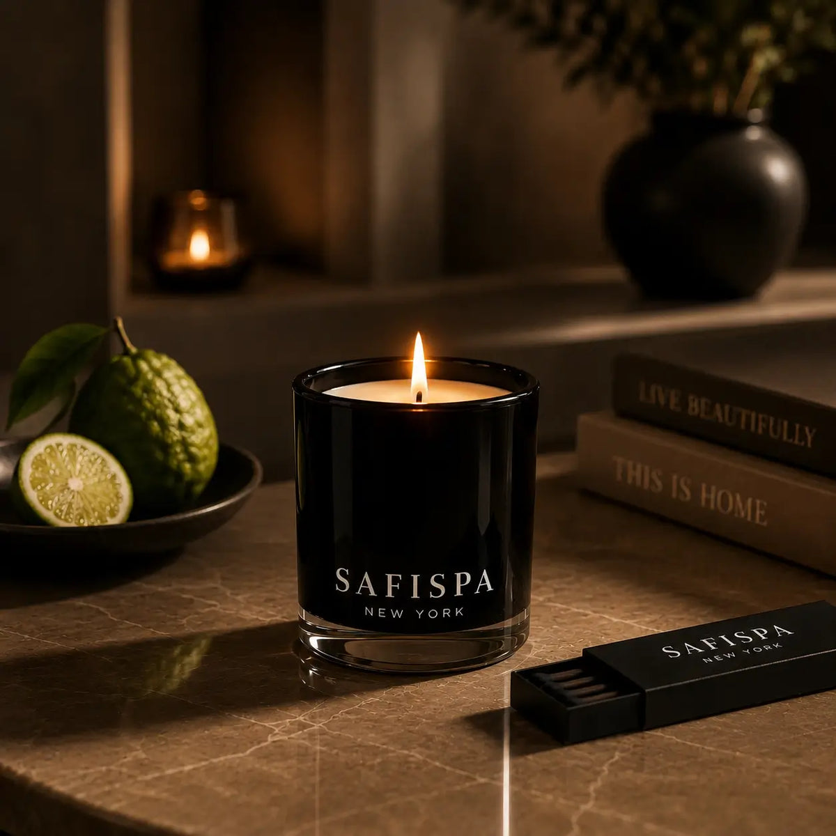 Lit SaFiSpa Ebony Bergamot luxury scented candle in an elegant home setting with bergamo