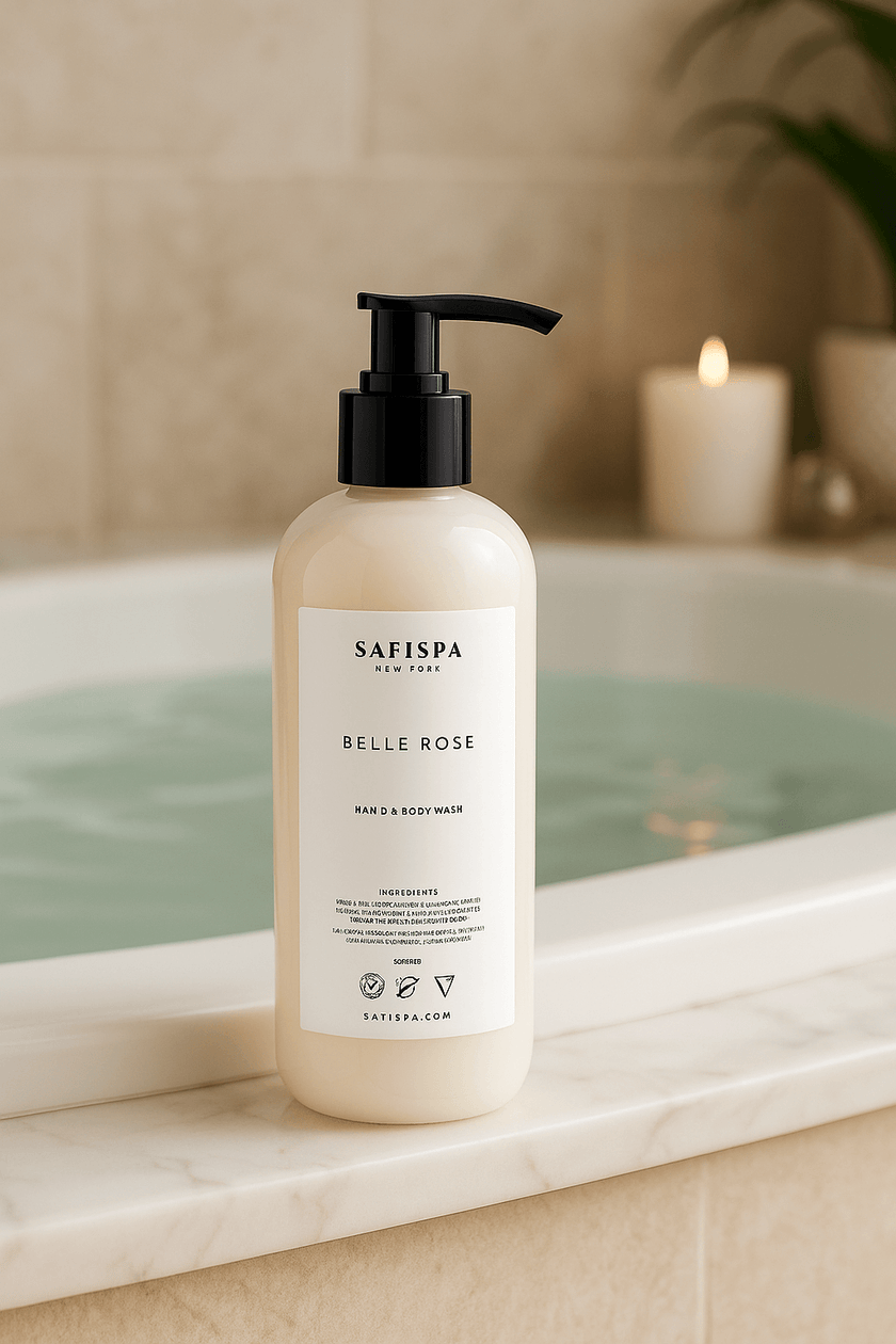 Safispa Belle Rose Hand & Body Wash on the marble edge of a luxury bathtub filled with steaming water, complemented by soft candlelight, plush towels, and fresh eucalyptus leaves for an indulgent spa experience.