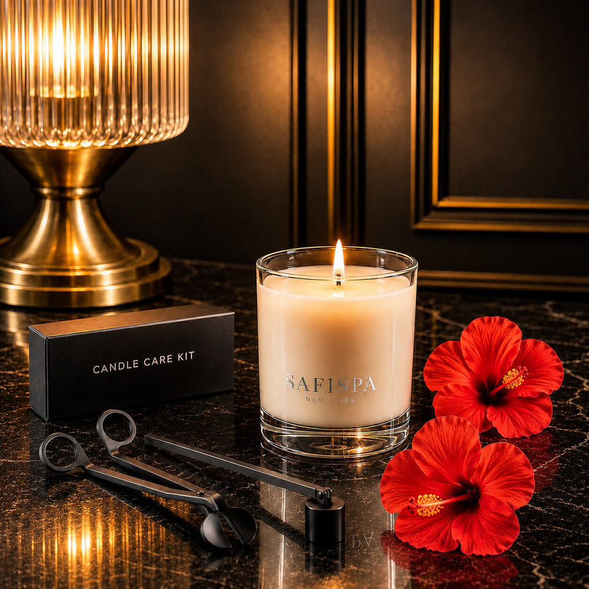 Luxury SAFISPA New York Scented  candle glowing on black marble with candle care kit, cinematic warm lighting, premium soy candle aesthetic, luxury home fragrance scene, elegant wellness décor, upscale spa ambiance, luxury candle lifestyle photography, hibiscus-inspired scented candle