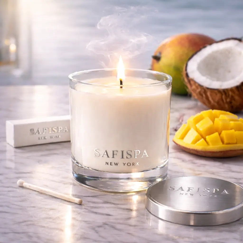 Safispa candle with mango and coconut on a marble surface
