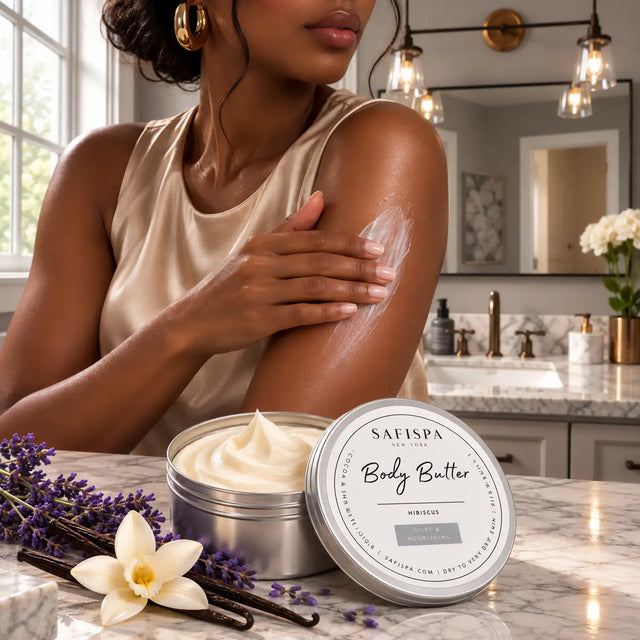 Woman applying SaFiSpa Hibiscus Body Butter to her shoulder beside an open tin of rich, creamy body moisturizer on a luxury marble bathroom countertop.