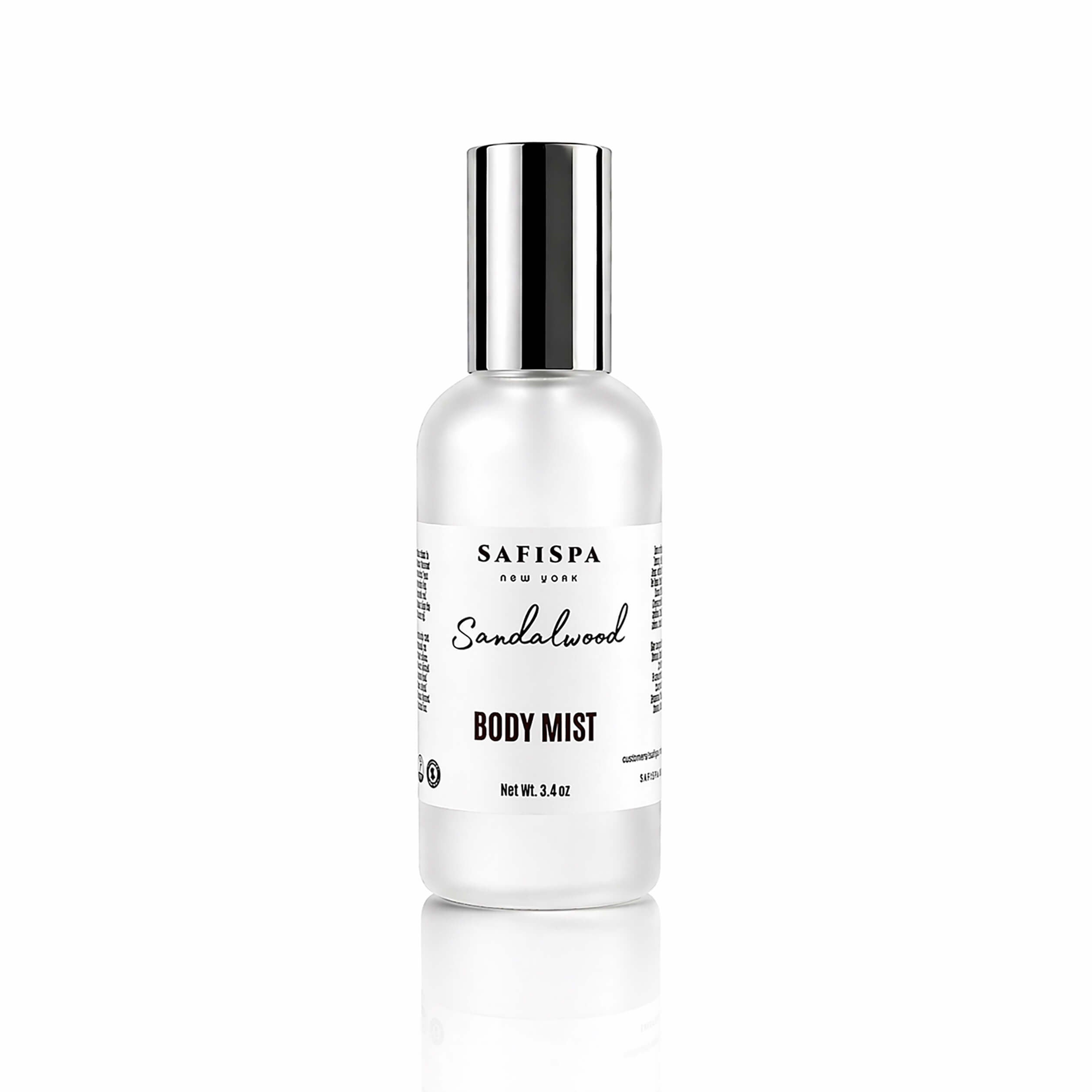 Sandalwood body mist spray by Safispa in frosted glass bottle clean fragrance hydrating lightweight mist. soft skin