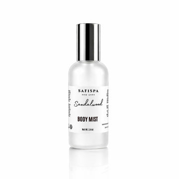Sandalwood body mist spray by Safispa in frosted glass bottle clean fragrance hydrating lightweight mist. soft skin