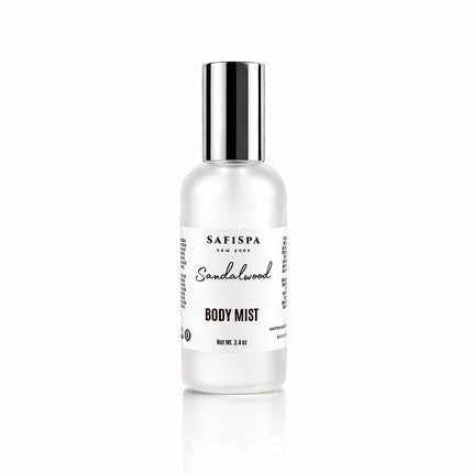 Sandalwood body mist spray by Safispa in frosted glass bottle clean fragrance hydrating lightweight mist. soft skin