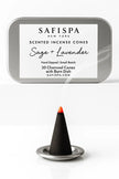 Burning Sage and Lavender incense cone by SaFiSpa on silver dish — clean, aromatic smoke rising against a soft spa-inspired background, symbolizing calm, clarity, and energy renewal.