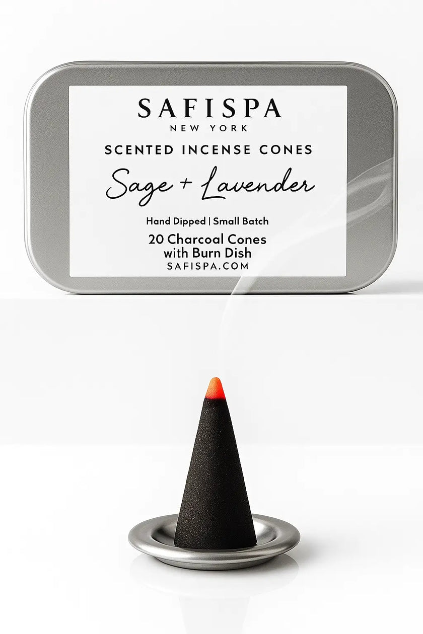 Burning Sage and Lavender incense cone by SaFiSpa on silver dish — clean, aromatic smoke rising against a soft spa-inspired background, symbolizing calm, clarity, and energy renewal.