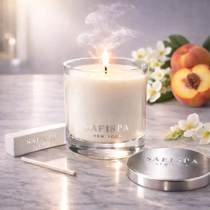 Safispa candle with peach and flower elements on a marble surface