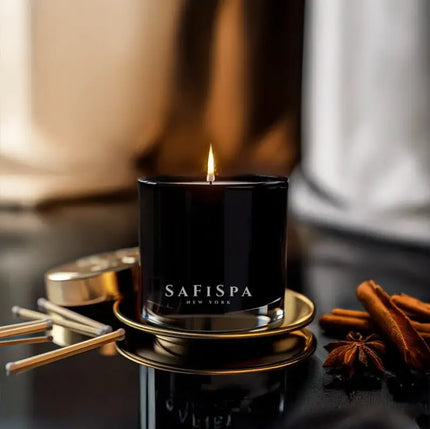 Unwind with Safispa: Handcrafted sandalwood candle with natural essential oils, perfect for creating a calming and grounding atmosphere