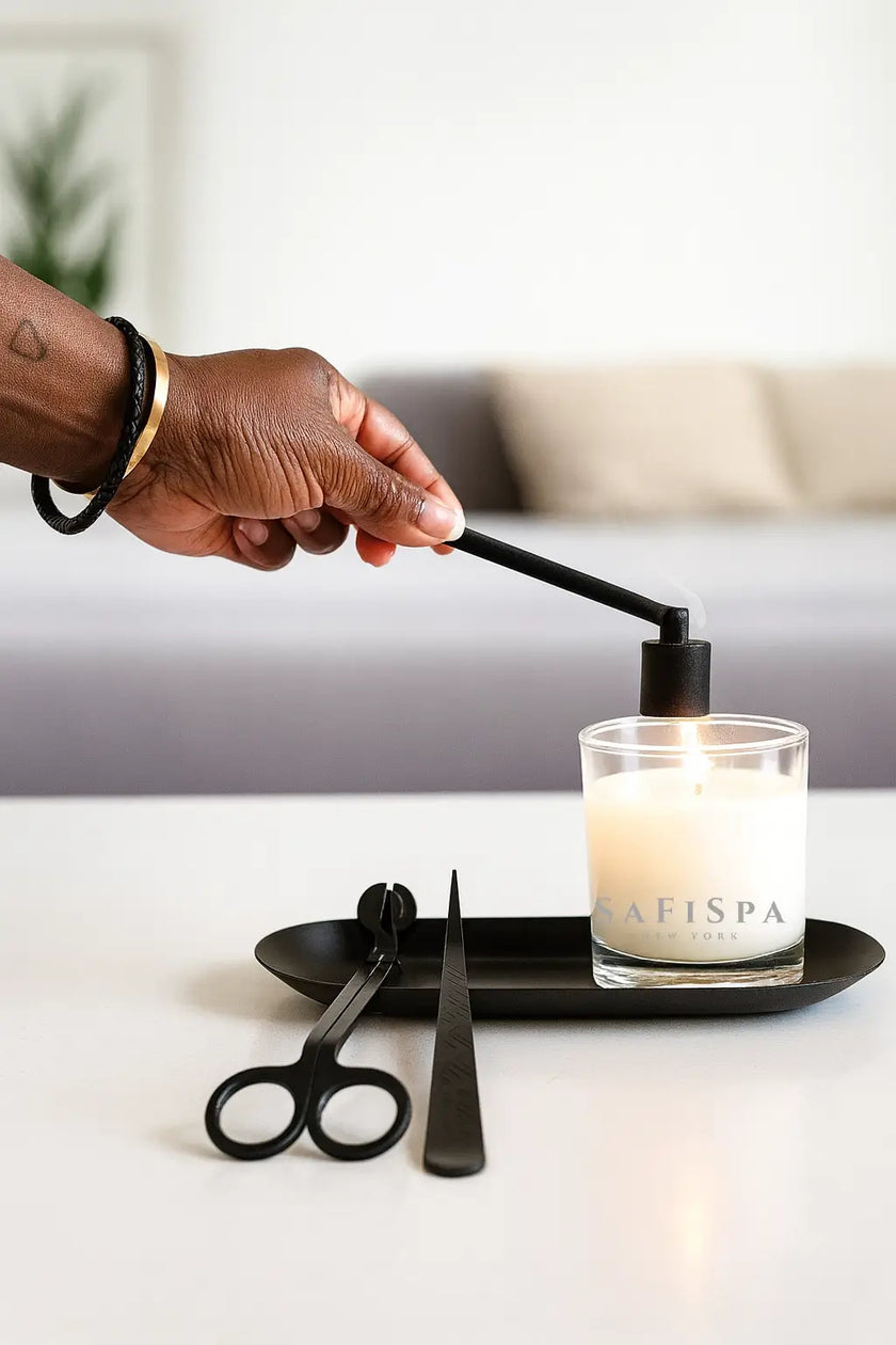 Luxury candle care kit with wick trimmer, snuffer, and dipper on black tray with lit SaFiSpa soy candle.
