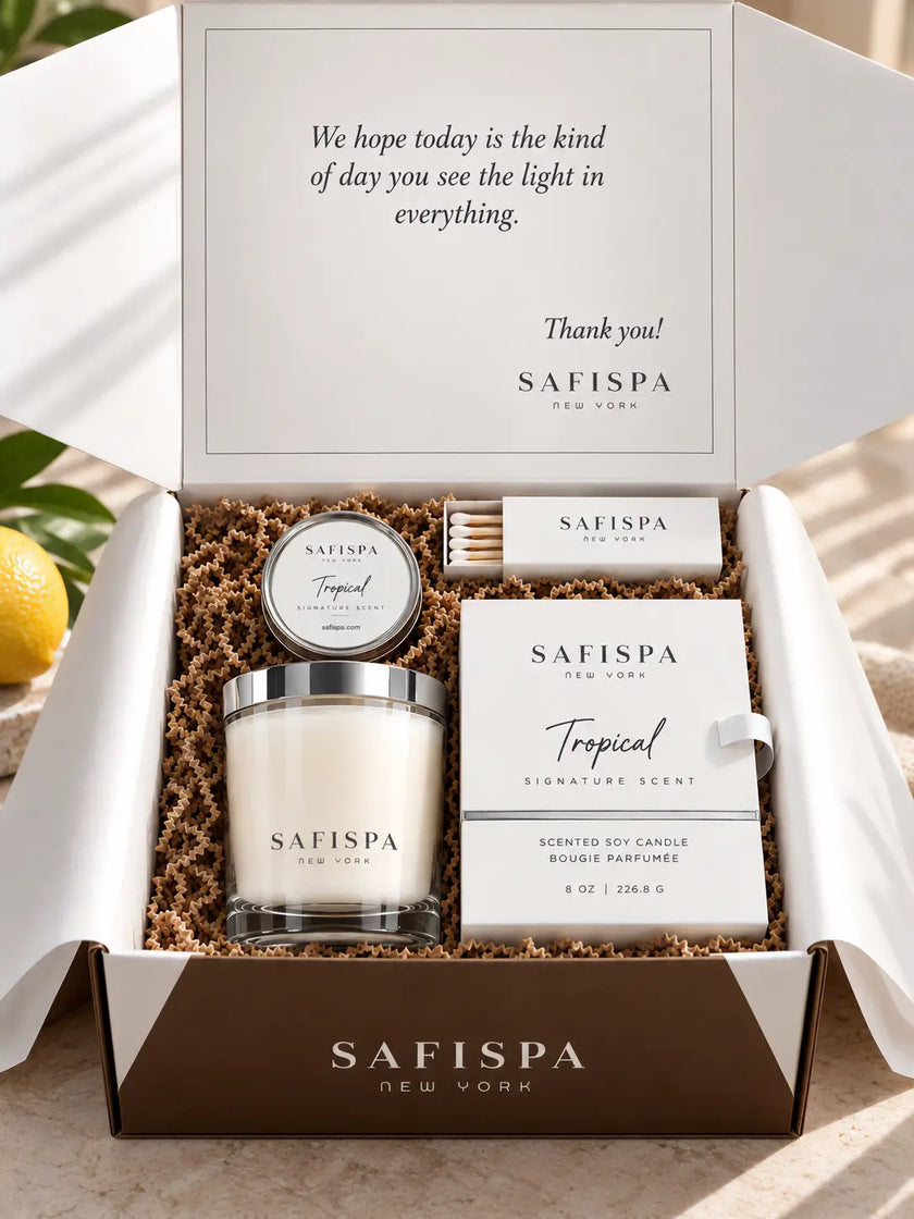 SaFiSpa Tropical Signature luxury candle gift set with scented soy candle, white fragrance box and premium gift packaging