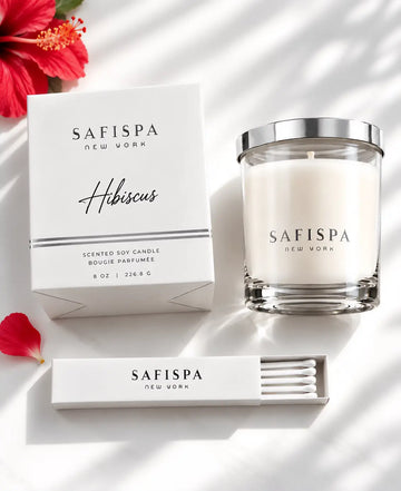 hibiscus candle in white box minimalist and quiet luxury  soy candles