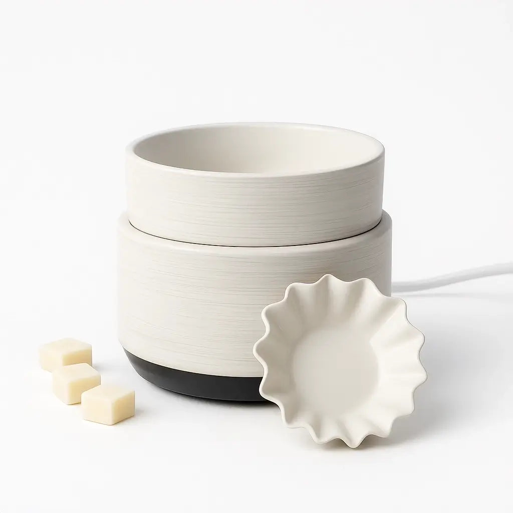 White ceramic electric waxt melt diffuser with a black base on a white background