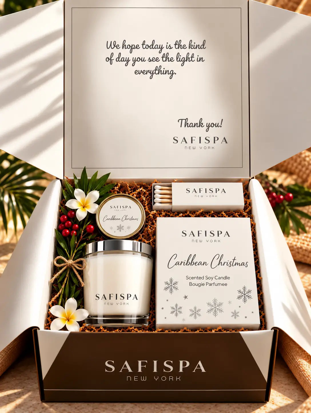 SaFiSpa Caribbean Christmas luxury scented candle gift set with soy candle, holiday packaging, matchbox and premium gift presentation.