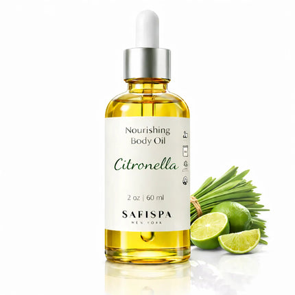 SaFiSpa Citronella Nourishing Body Oil 2 oz luxury glass bottle on white background