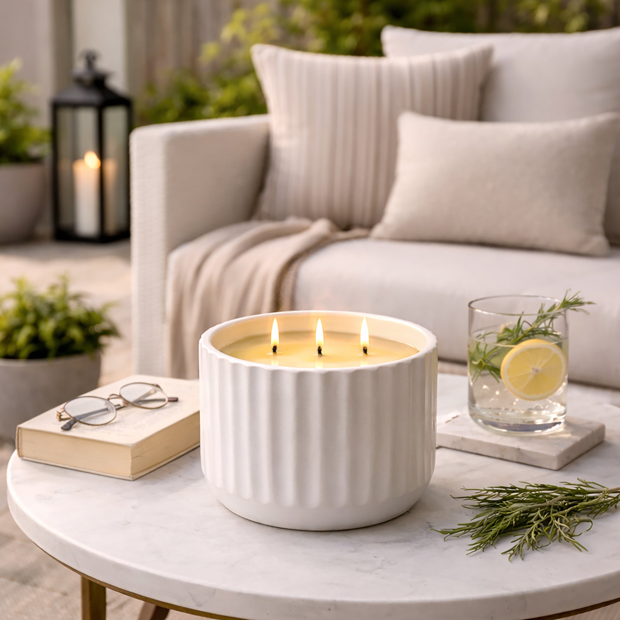 luxury citronella candle on outdoor patio table with lemon and herbs creating a relaxing mosquito repellent atmosphere