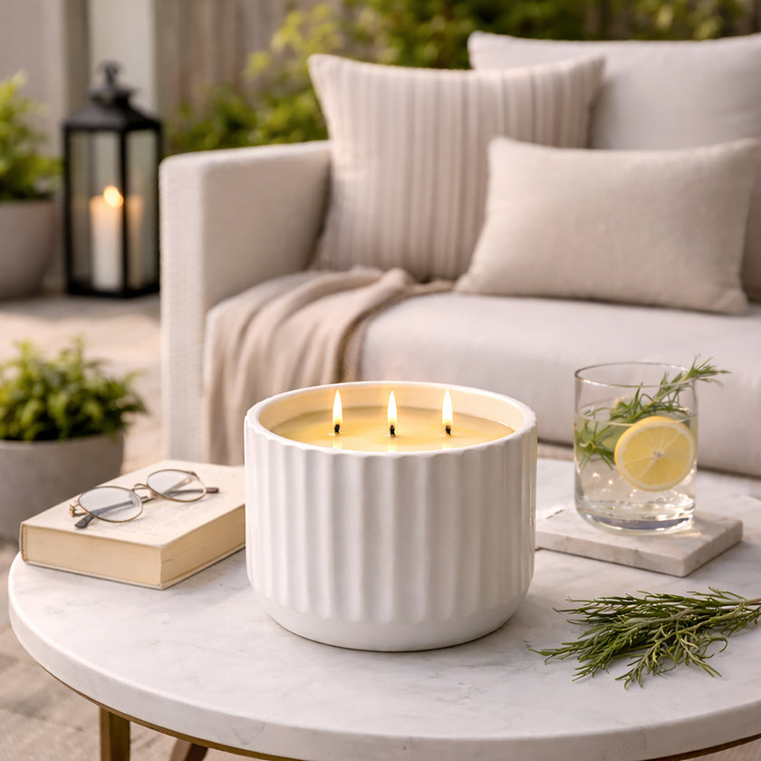 luxury citronella candle on outdoor patio table with lemon and herbs creating a relaxing mosquito repellent atmosphere