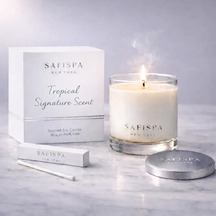 Tropical Signature Scent luxury soy candle by Safispa New York with embossed silver packaging, premium clean burning candle for luxury home fragrance